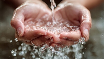 Fototapeta premium Close-up of Clean Water Pouring into Cupped Hands.