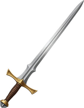 Single medieval knight broadsword with metallic silver blade and golden cross guard handle detailed fantasy warrior weaponry isolated on white background art