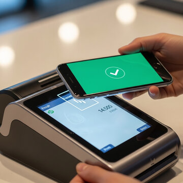 Person using smartphone to make contactless payment on credit card reader terminal transaction successful with green checkmark confirmation symbol displayed on screen.
