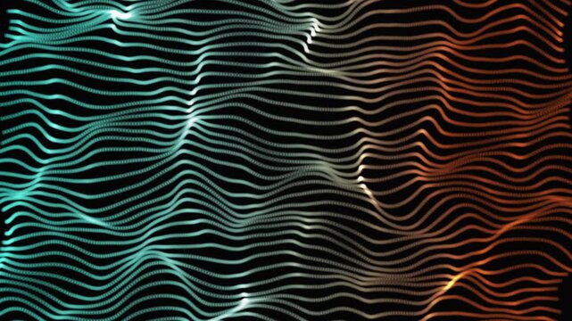 Abstract glowing wavy lines undulate with teal to orange gradient on black background, smooth motion, digital art.