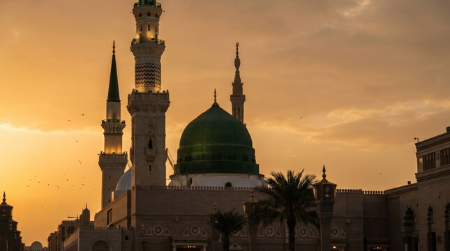 ​The Green Dome of Al Masjid an Nabawi at sunset, Medina, Saudi Arabia. Close up of the Prophet's Mosque minarets and dome against a golden orange sky. Iconic Islamic landmark and holy site