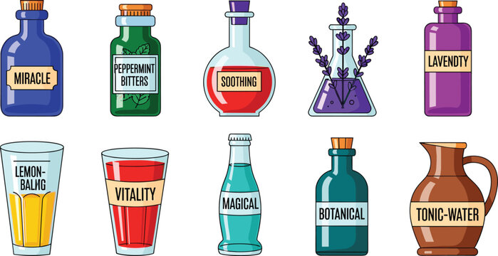 Herbal and Magical Drink Vector Set Featuring Botanical Bitters, Lavender Infusions, Tonic Water, and Wellness Elixirs for Natural Beverage Illustrations