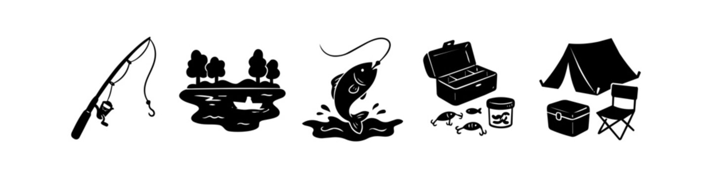 Set of black and white fishing and camping icons featuring a fishing rod, lake, fish, tackle box, and a camping tent. Perfect for outdoor adventure graphics.