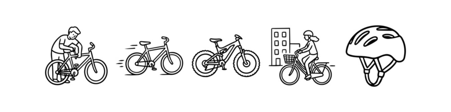 Minimalist line art collection featuring bicycle repair, a moving bike, a mountain bike, a city cyclist, and a helmet. Clean vector icons for cycling and transportation themes.