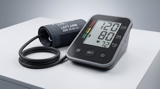 Digital blood pressure monitor on white table, showing 120/80 mm Hg reading
