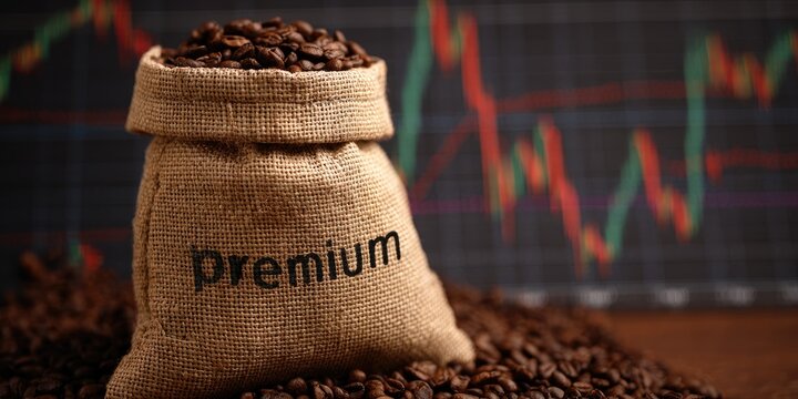 Sack of Premium Coffee Beans with Stock Market Graph Background.