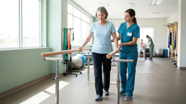Female physical therapist assists a senior woman with walking exercises using parallel bars in a bright rehabilitation center.