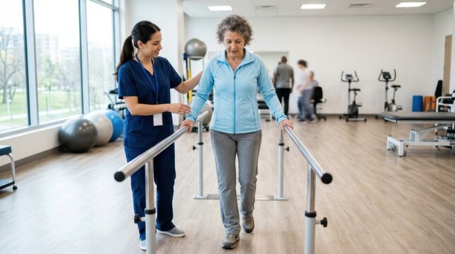 Compassionate physical therapist assists a senior woman with gait training and balance exercises using parallel bars in a bright, modern rehabilitation center.