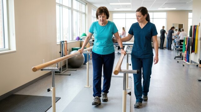 Female physical therapist assists an elderly woman with walking exercises using parallel bars in a bright rehabilitation center, focusing on mobility recovery and senior care.