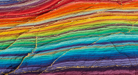 Naklejka premium Close-up of striated rock with vibrant rainbow-colored layers and thin gold veins, showcasing natural beauty and geological patterns, symbolic of diversity and unique formations