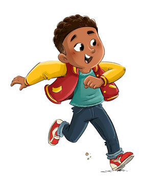 African American boy running and jumping