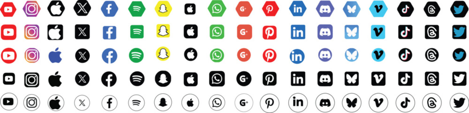 Social media icons 2026. Social network logos vector collection. Instagram, Facebook, YouTube, X , Snapchat, WhatsApp, LinkedIn, Vimeo, TikTok, Viber, Threads, Bluesky, Discord. Editorial set