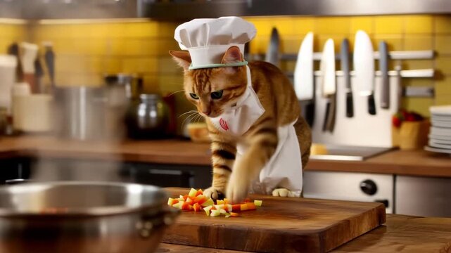 Brown Cat Chef in White Hat and Apron Pushing Vegetables into Pot
