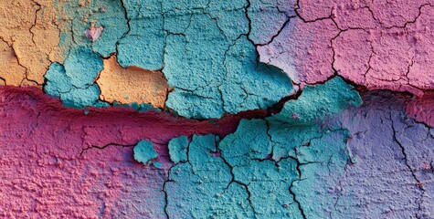 Close-up of Cracked Paint Texture with Vibrant Colors.