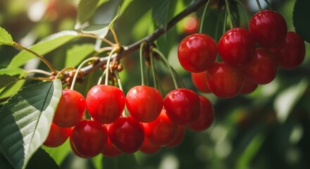 Fototapeta premium Bright Red Cherries Hanging on a Branch