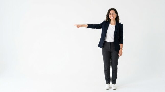 Smiling professional woman in business casual attire pointing to the left, full length, with ample copy space against a clean white background, ideal for directional messaging.