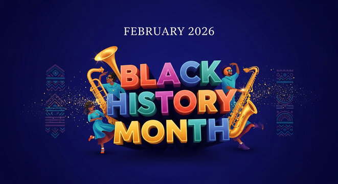Colorful 3D text "BLACK HISTORY MONTH" with people playing saxophones and abstract patterns, representing celebration and heritage.