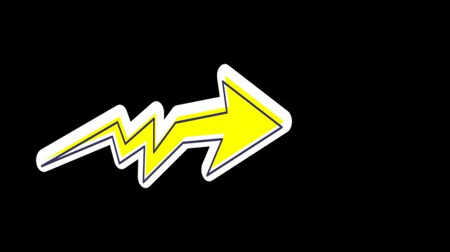 Seamless looping yellow arrow animation with a lightning bolt shape moving left and right. Flash directional motion graphic on a transparent alpha channel for energy and speed concepts