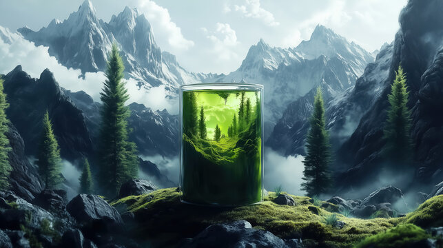 Miniature Forest Landscape Inside a Transparent Glass Container, Placed in a Real Mountain Natural Environment, Representing Ecological Protection and Nature Themes