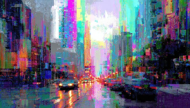 Vibrant Abstract Cityscape with Glitch Art Effect.