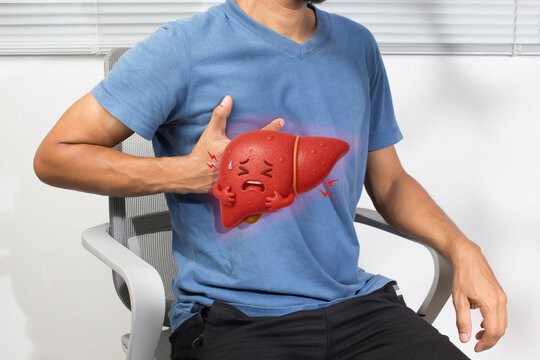 Man with liver disease concept showing cirrhosis hepatitis inflammation and pain