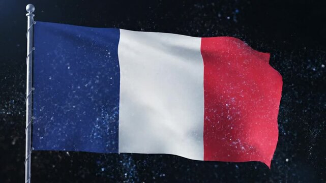 Waving French flag with blue, white, and red colors against a dark background, celebrating Bastille Day with patriotic