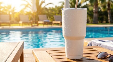Obraz premium White tumbler with condensation on poolside table in summer