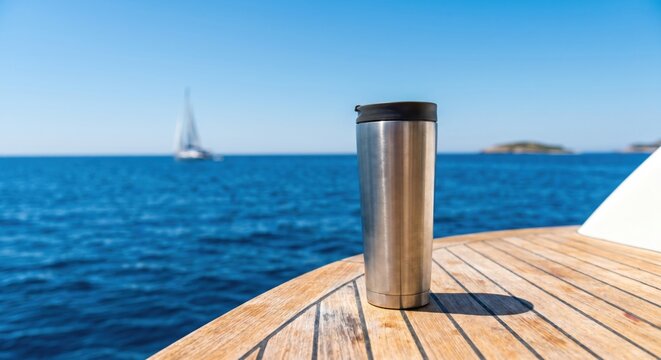 Stainless steel travel mug on luxury yacht teak deck