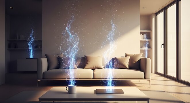 Futuristic Living Room with Glowing Blue Energy and Digital Projections