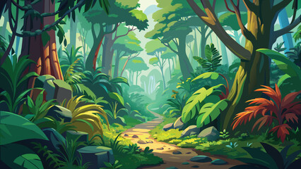 Naklejka premium A beautiful path through a lush green tropical jungle forest with sunlight shining through the dense trees and plants Vector