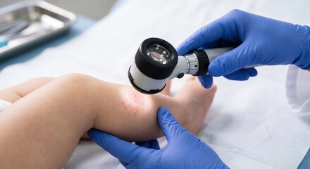Fototapeta premium Pediatrician examining baby's leg rash with dermatoscope