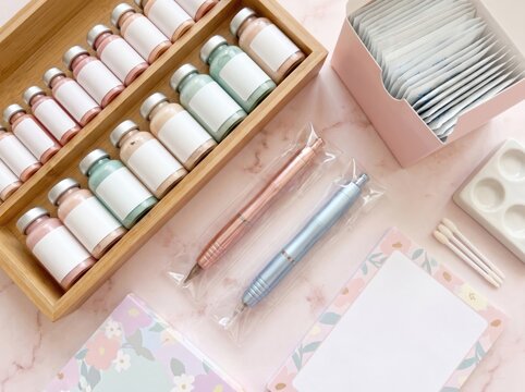 Professional permanent makeup station with tools and pigments