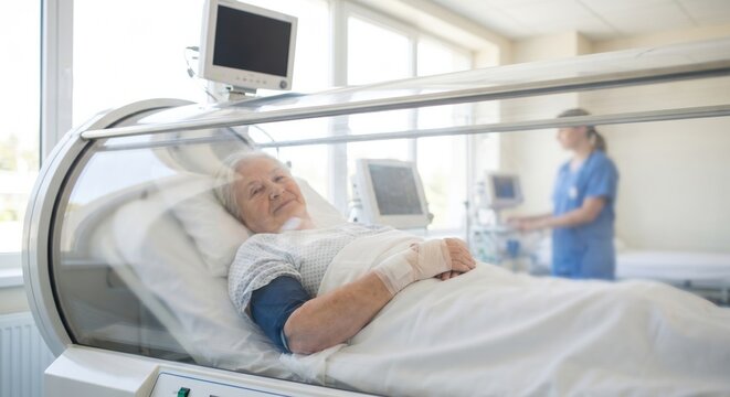 Senior woman resting in hyperbaric oxygen chamber for recovery