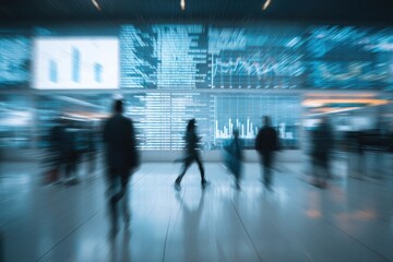 Fototapeta premium Blurred figures walk past a large digital display showing financial charts and data.