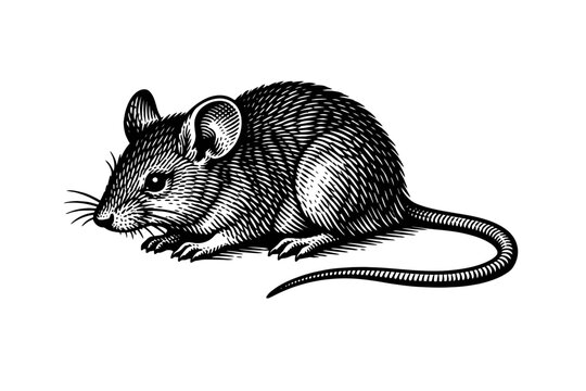 Detailed black and white illustration of a mouse with long tail and whiskers on white background