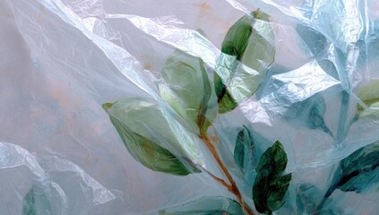 Obraz premium Delicate Green Leaves Encased in Translucent Plastic Sheeting.