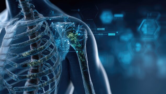 Futuristic Medical Scan of Human Shoulder Joint Anatomy.