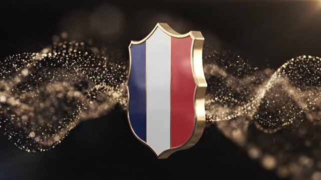 Elegant Bastille Day celebration with a golden shield displaying the French flag and shimmering particles