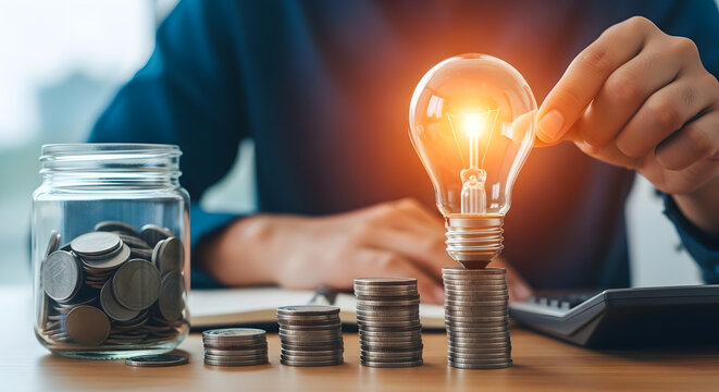 Innovative Financial Growth Concept with Glowing Light Bulb on Coin Stacks for Investment and Business Success.