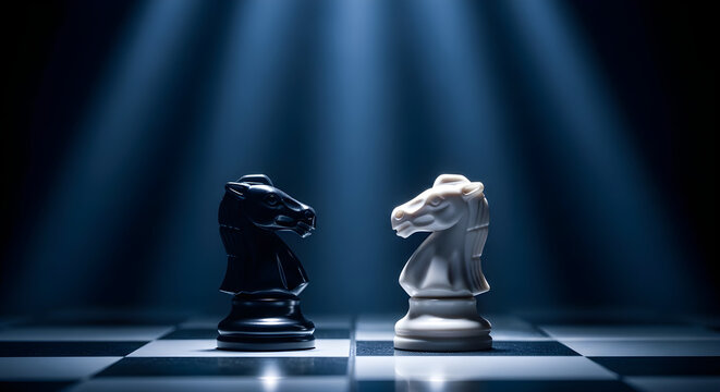 Strategic Confrontation of Black and White Chess Knights Under Dramatic Spotlights for Business Competition and Decision Making Concepts.