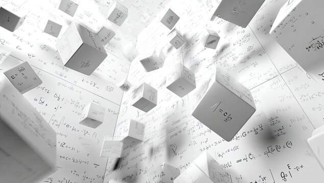 Abstract 3D Cubes Floating Over Mathematical Equations Background.