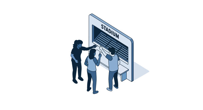 People Buying Tickets at Stadium Ticket Booth, Isometric View.