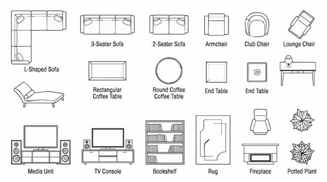Top view architectural living room furniture symbols set. 2D CAD plan vector icons for interior design and floor plans
