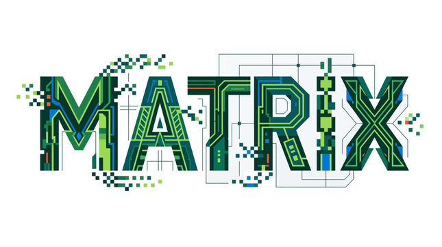 Digital matrix with glowing green circuits and pixelated elements on a white background