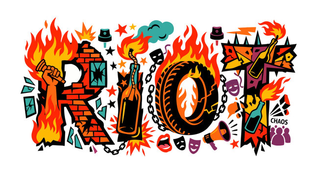 Explosive word art depicts chaos and destruction with fiery elements and protest symbols.
