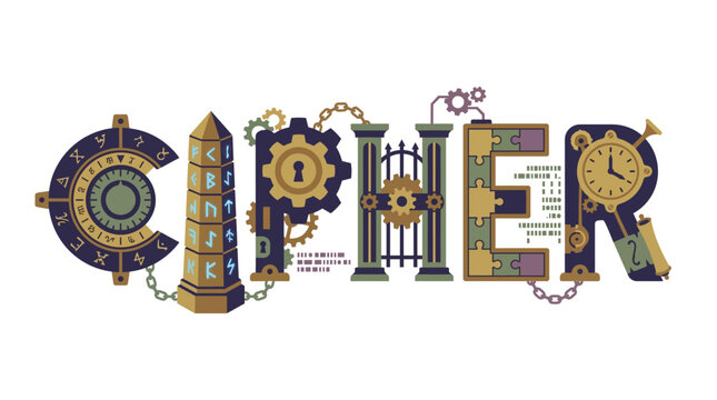 Intricate steampunk letters spell out the word Cipher, featuring gears, clocks, and ancient symbols.