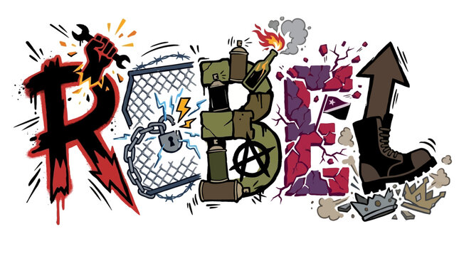 Rebel word art with symbols of defiance, protest, and rebellion.