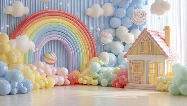 Whimsical Rainbow Balloon Arch and Dreamy Cloud House Scene.