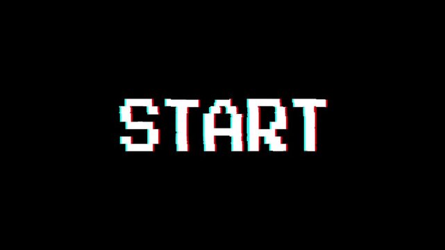 Start glitch 8-bit pixel text animation RGB distortion gaming intro black background
