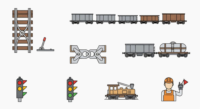 A worker operates railway infrastructure with trains and signals nearby outdoors during daytime.